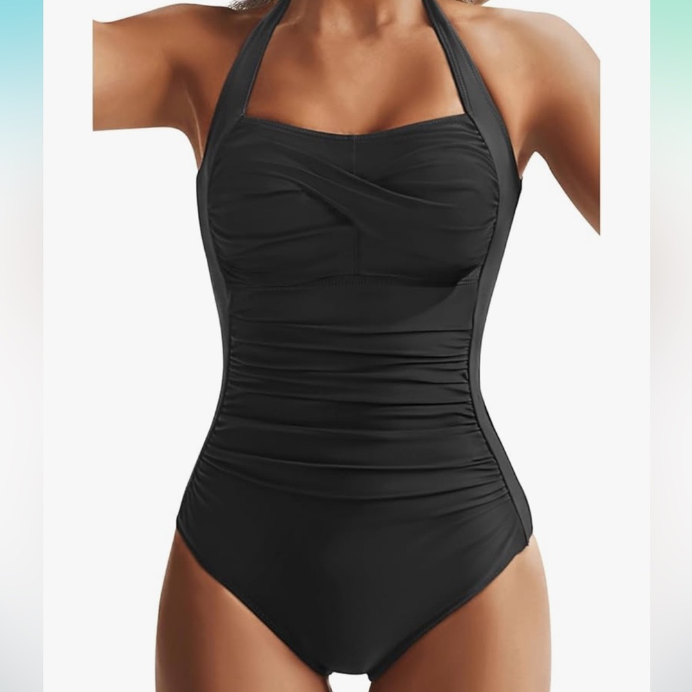 NWOT Women's Standard Twist Front Swimsuit black XL - 16 halter neck swimwear